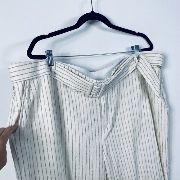 Lane Bryant Linen Blend Wide-Leg Cream & Brown Pinstripe Belted Pants Size 24 - Picture 7 of 11